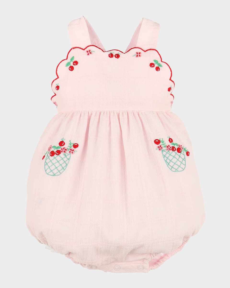 Girl's Cherry Embroidered Bubble Romper, Size 6M-18